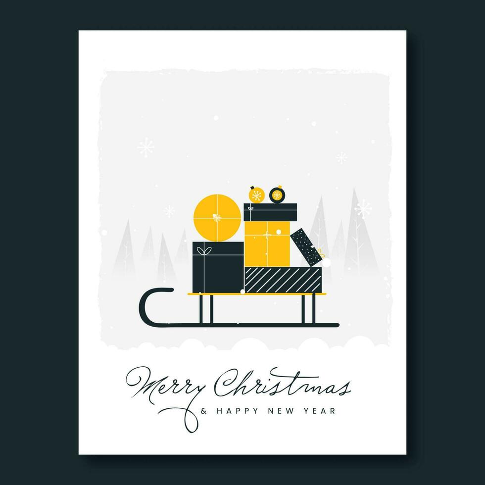 alegre Natal e Novo ano cumprimento cartão com vetor presente caixas sobre gelo trenó em cinzento e branco natal árvore fundo.