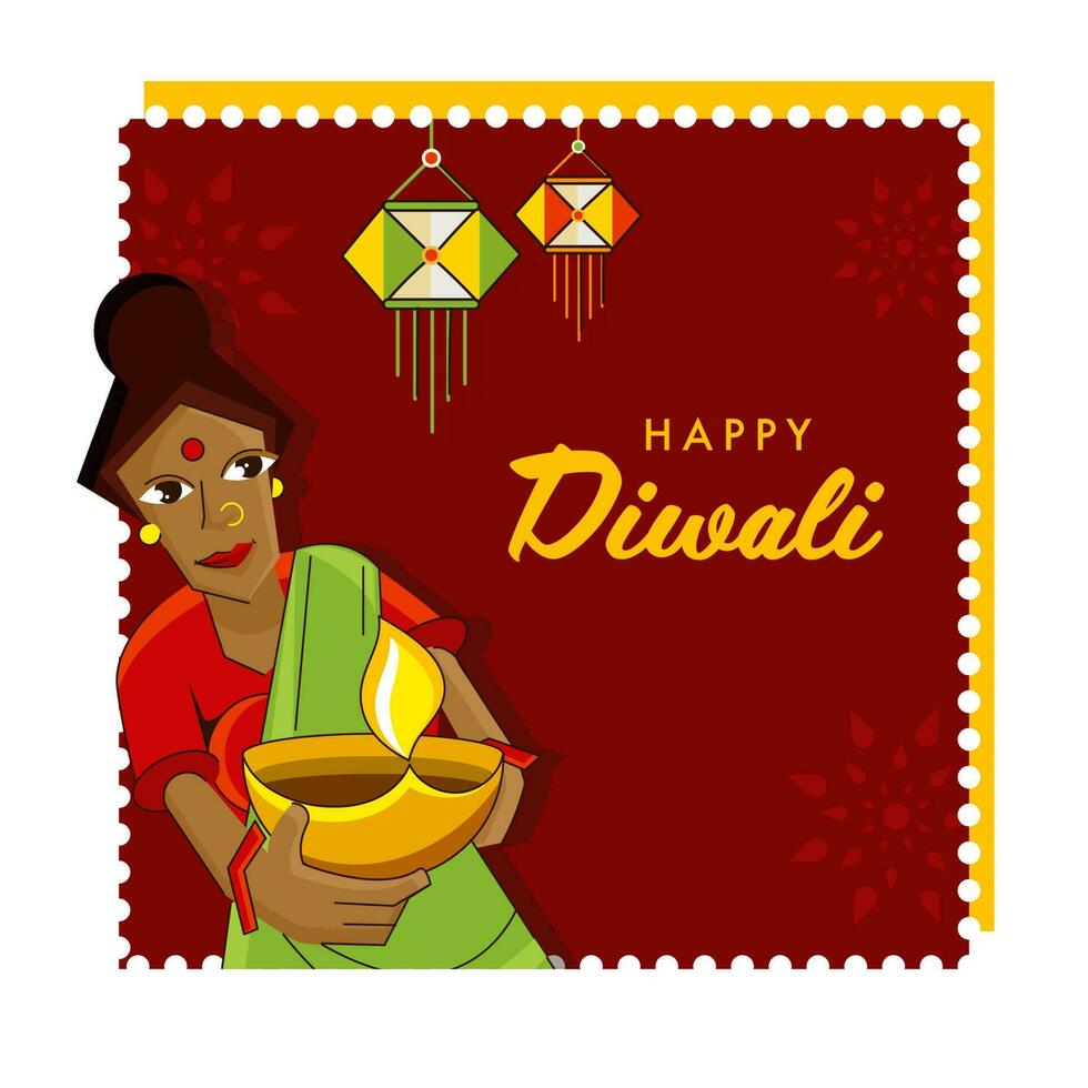 feliz diwali celebração conceito com desenho animado indiano mulher segurando aceso óleo luminária e lanterna aguentar em vermelho fundo. vetor