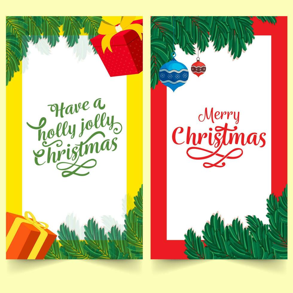 alegre Natal cumprimento cartão decorado com abeto folhas, presente caixas, enfeites aguentar dentro dois opções. vetor