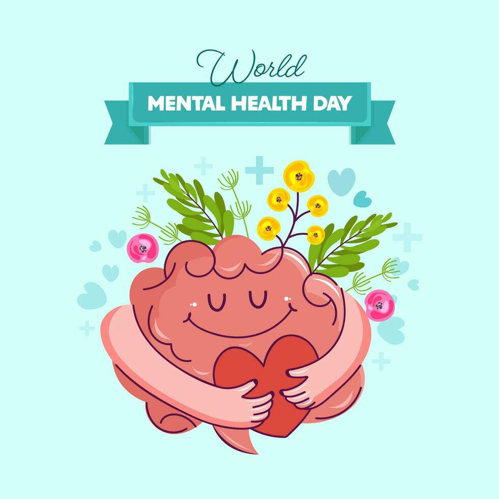 mundo mental saúde dia poster Projeto com risonho cérebro segurando coração, flores e folhas em luz turquesa fundo. vetor