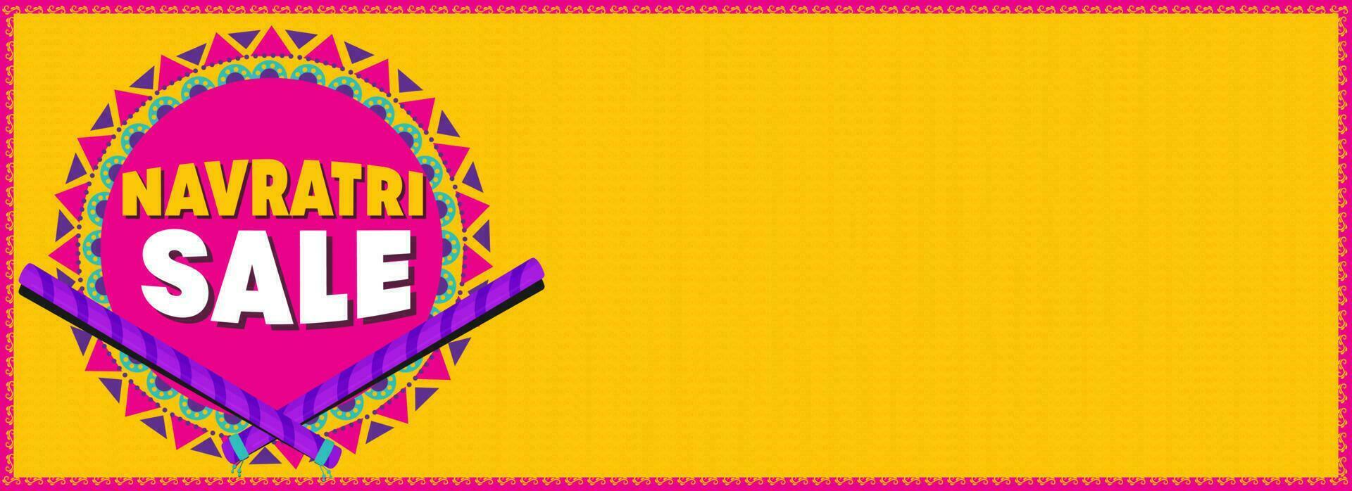 navratri venda bandeira ou cabeçalho Projeto com dandiya Gravetos e mandala quadro, Armação em cromada amarelo fundo. vetor