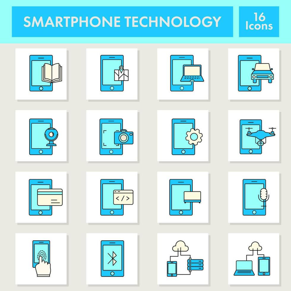 azul e amarelo cor conjunto do Smartphone tecnologia com aplicativo Ferramentas sobre quadrado fundo. vetor