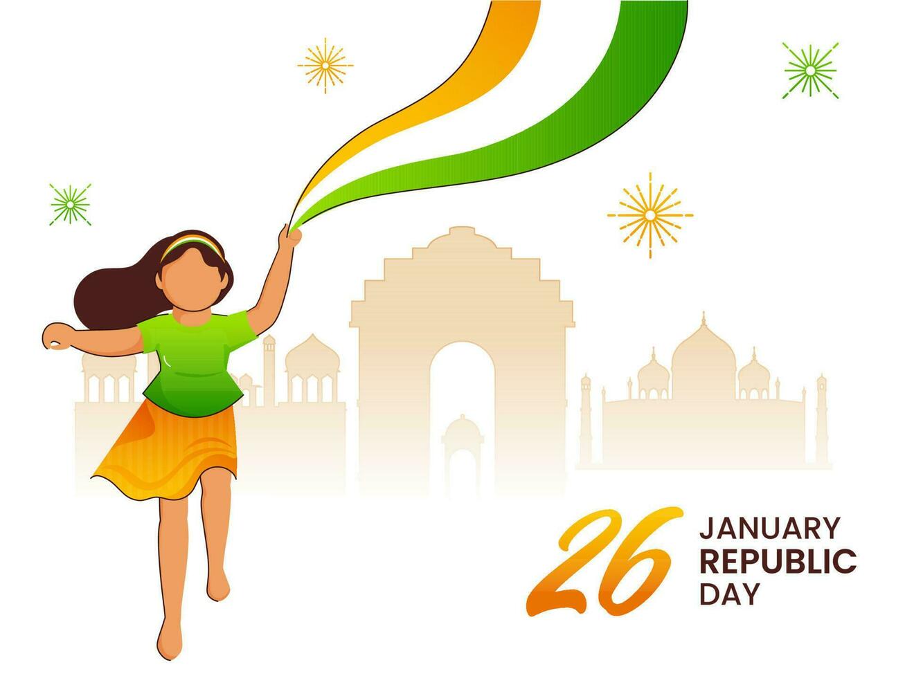 Dia 26 janeiro república dia Fonte com sem rosto menina carregando tricolor ondulado fita e silhueta Índia famoso monumentos em branco fundo. vetor