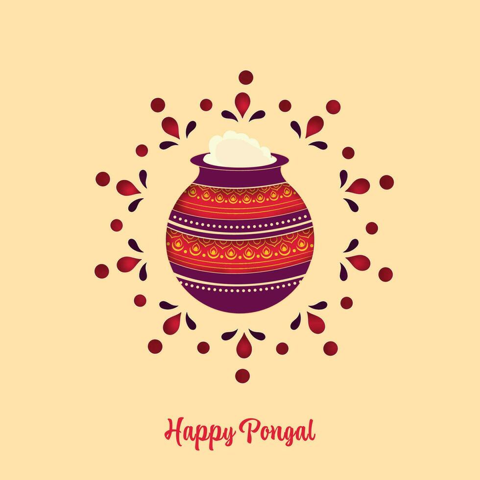 feliz pongal celebração cumprimento cartão com tradicional prato dentro lama Panela em amarelo pêssego fundo. vetor