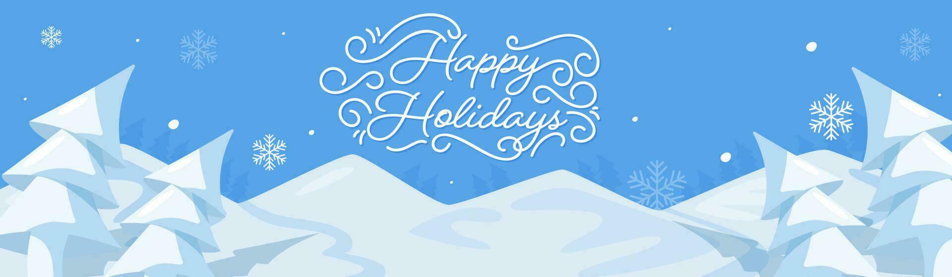 feliz feriados letras com origami papel natal árvore, flocos de neve em azul montanhas fundo. vetor