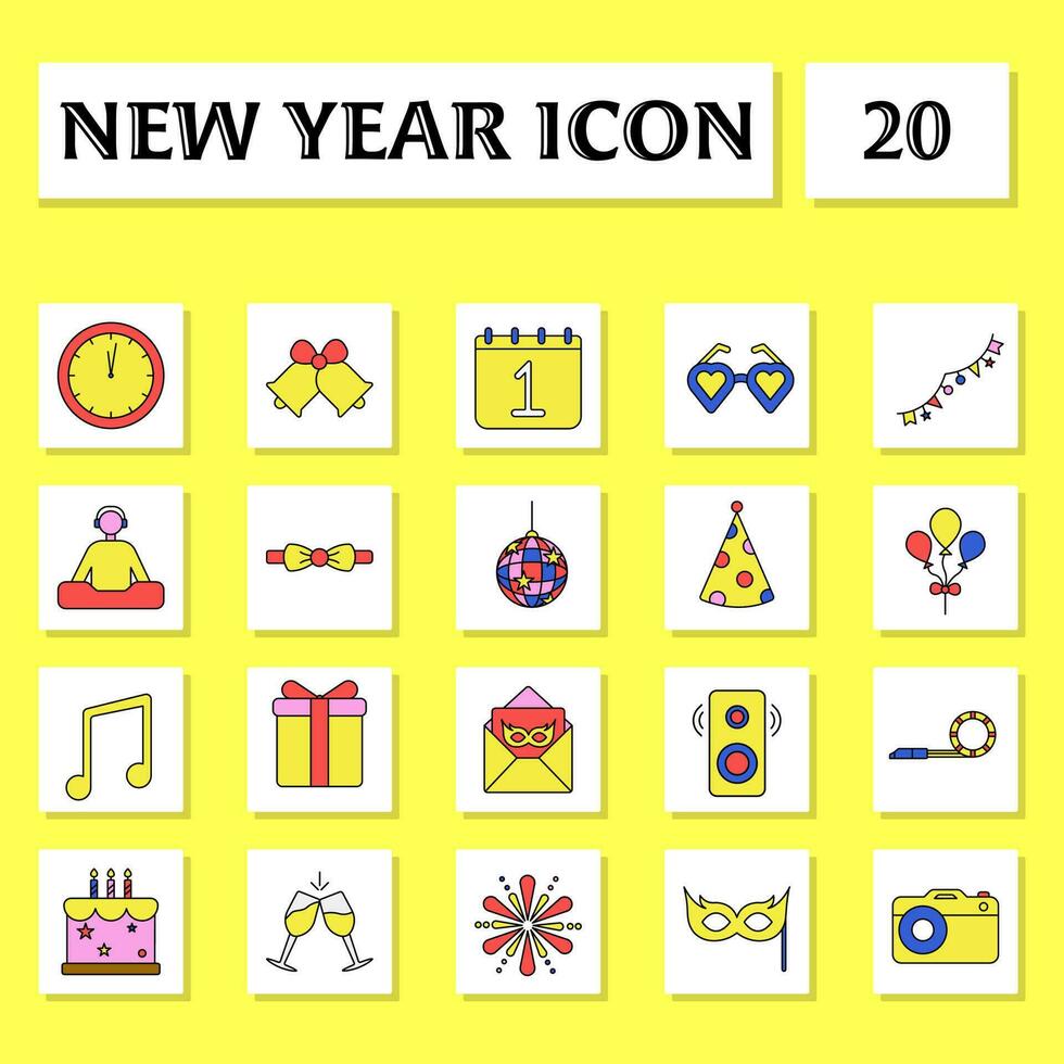 ilustração do Novo ano ícones conjunto em branco quadrado e amarelo fundo. vetor