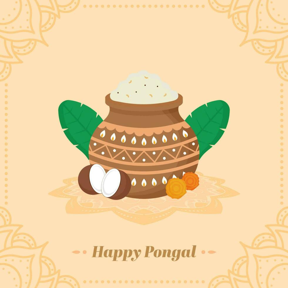 feliz pongal celebração cumprimento cartão com lama Panela cheio do arroz, coco, banana folhas, calêndula flor em luz laranja rangoli fundo. vetor