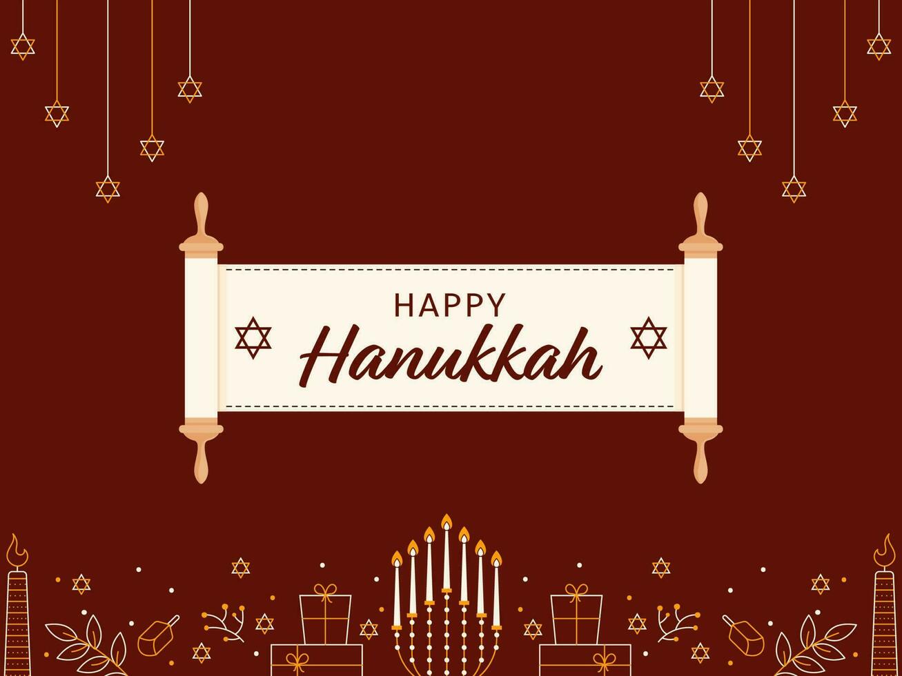 feliz hanukkah rolagem papel bandeira com linha arte festival elementos decorado em vermelho fundo. vetor