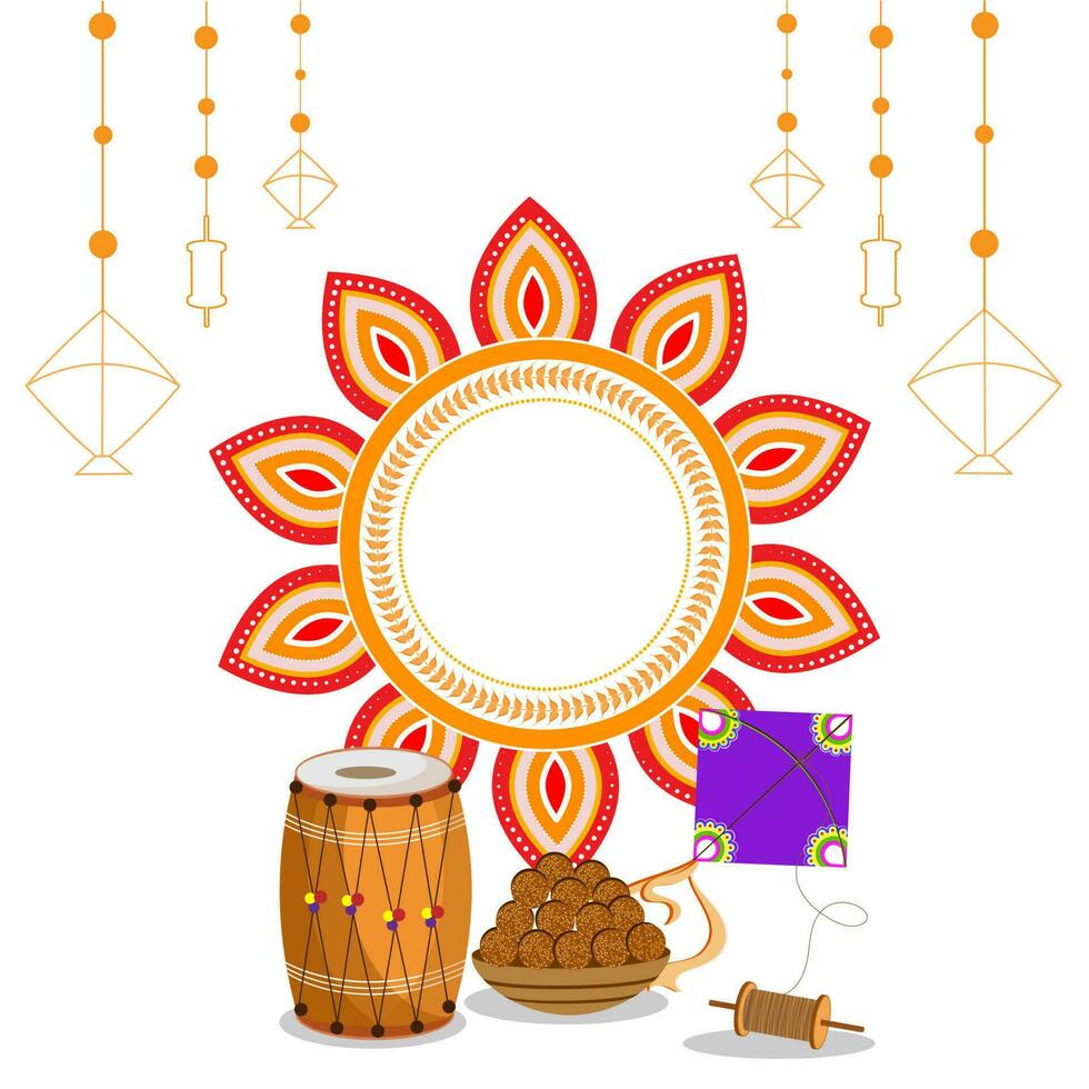esvaziar floral quadro, Armação com tambor, indiano doces, pipa, corda carretel decorado branco fundo para Makar Sankranti festival. vetor
