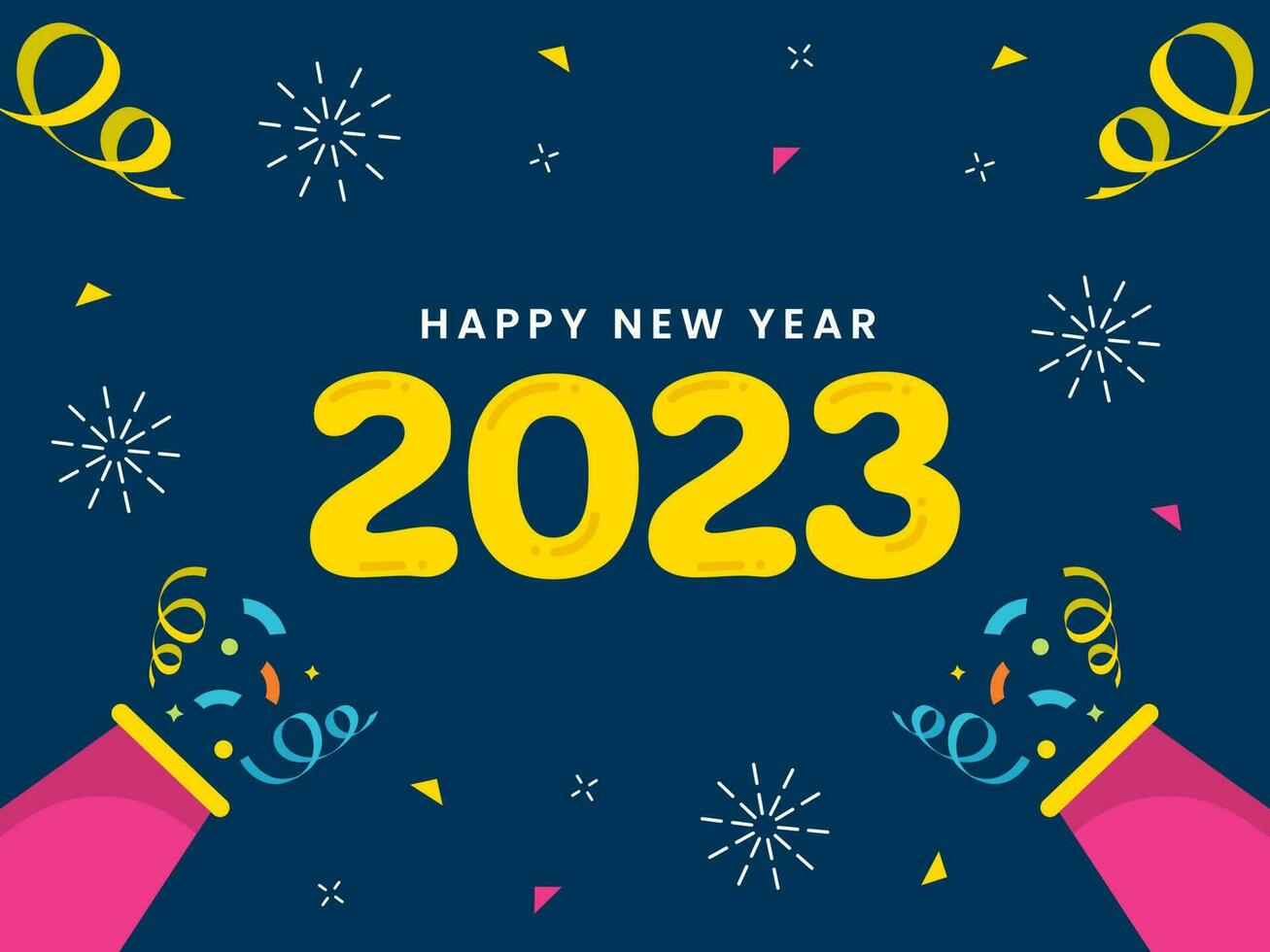 2023 feliz Novo ano texto com explodindo festa popper contra azul fundo. vetor
