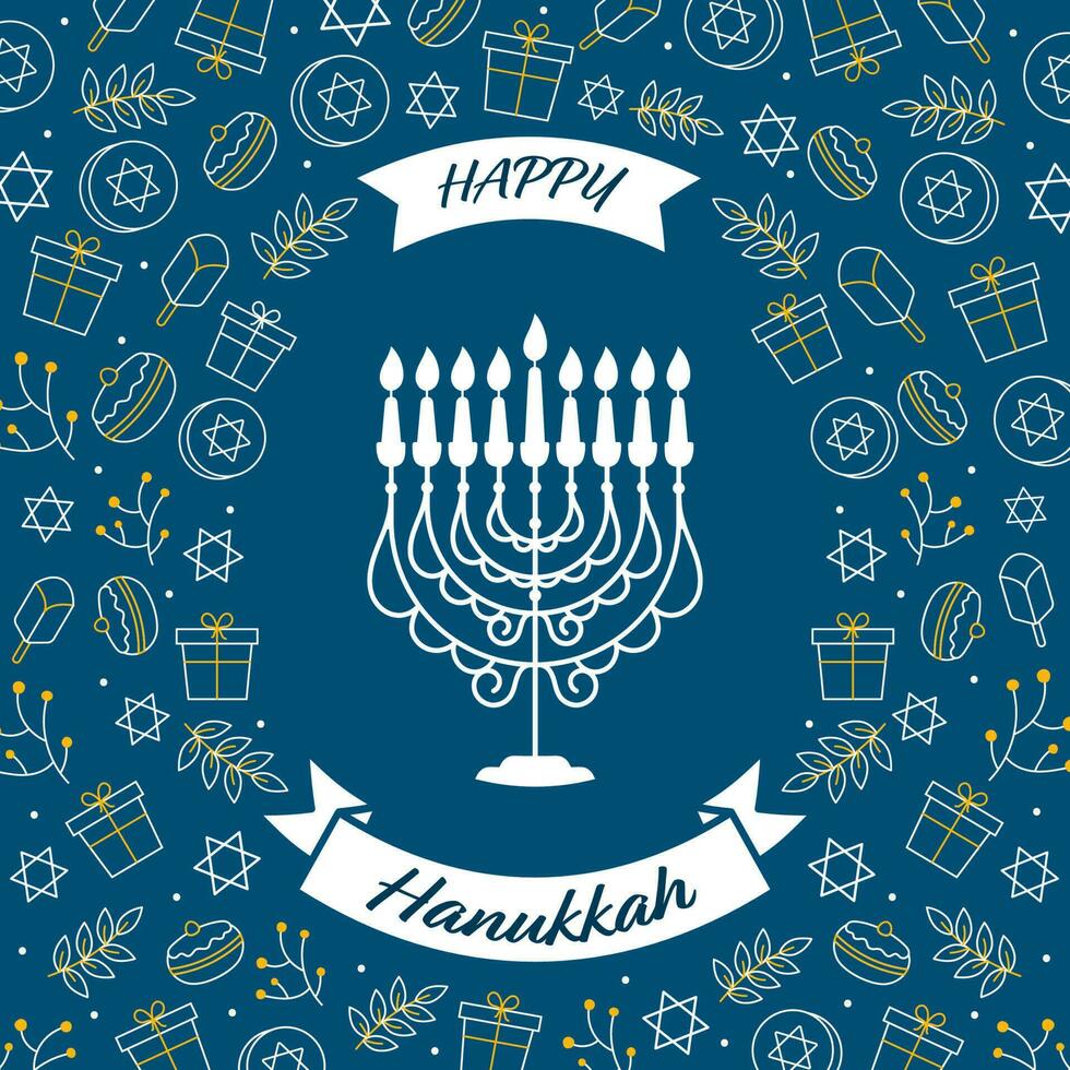 feliz hanukkah celebração cumprimento cartão com linear estilo festival elementos decorado em azul fundo. vetor