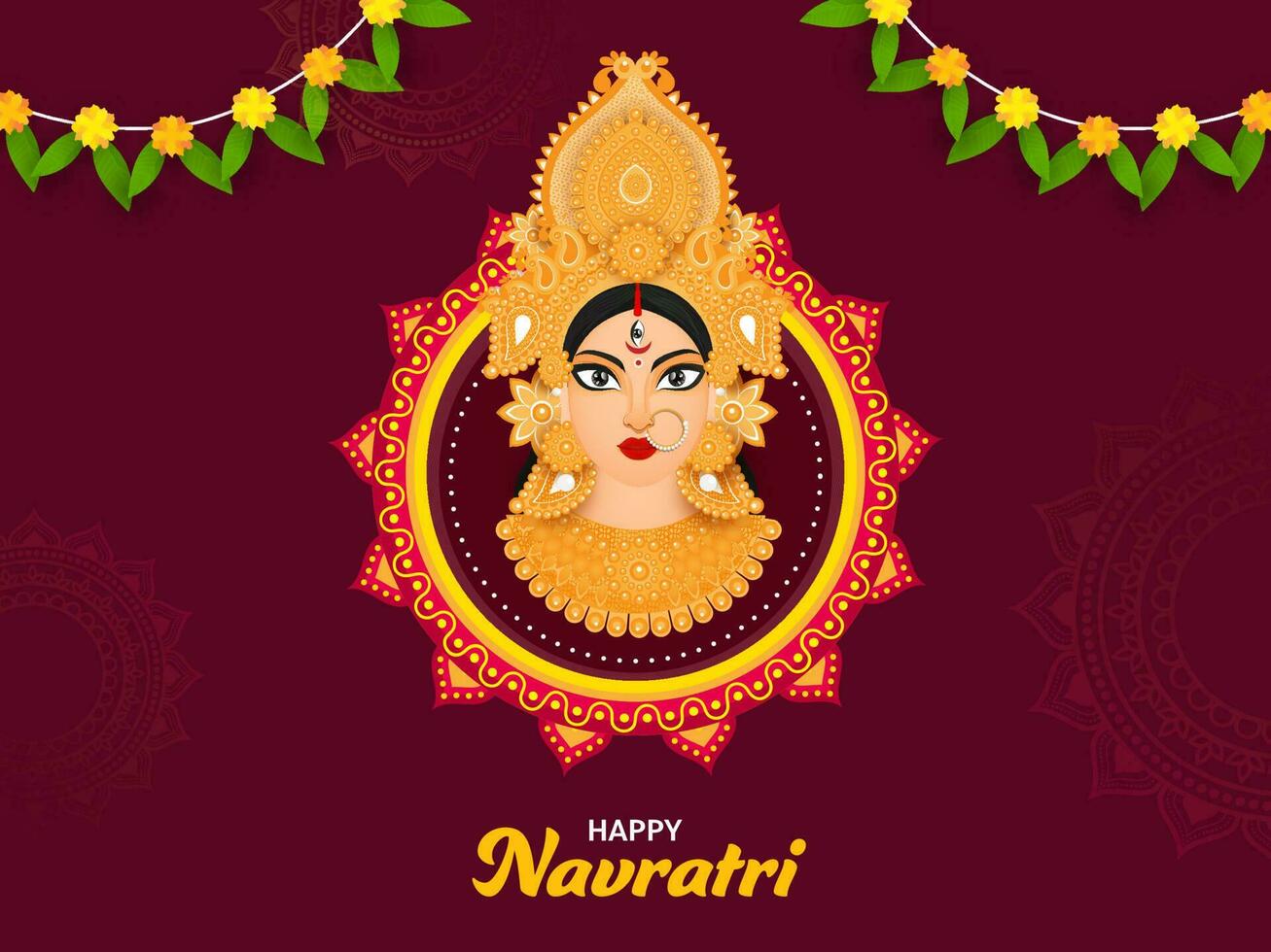 feliz navratri celebração conceito com hindu mitologia deusa durga maa face e floral festão em clarete mandala padronizar fundo. vetor
