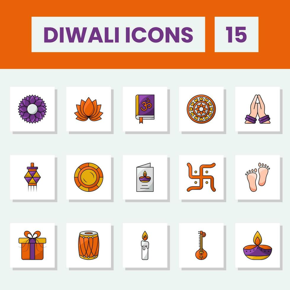isolado colorida diwali -15 ícones conjunto dentro plano estilo. vetor
