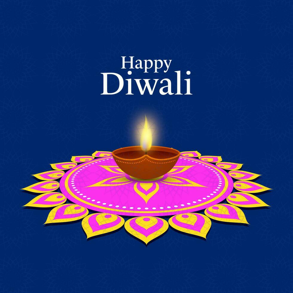 feliz diwali celebração conceito com iluminado óleo luminária sobre rangoli em azul fundo. vetor