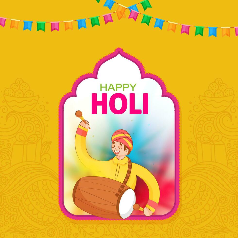 feliz holi celebração conceito com indiano homem jogando dhol e estamenha bandeiras em cromada amarelo paisley padronizar fundo. vetor