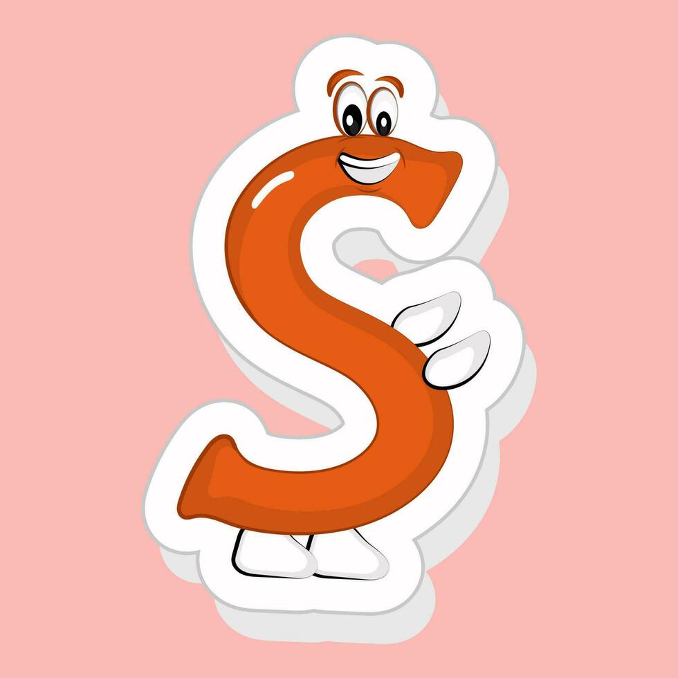 adesivo estilo laranja s alfabeto desenho animado personagem mãos dentro frente em Rosa fundo. vetor