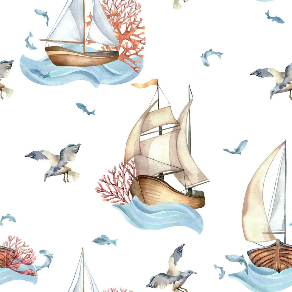 desatado padronizar do Navegando navio vintage estilo aguarela ilustração isolado em branco. barco a vela, embarcação em ondas, coral, peixe mão retirou. infantil Projeto elemento, papel de parede, impresso produtos vetor