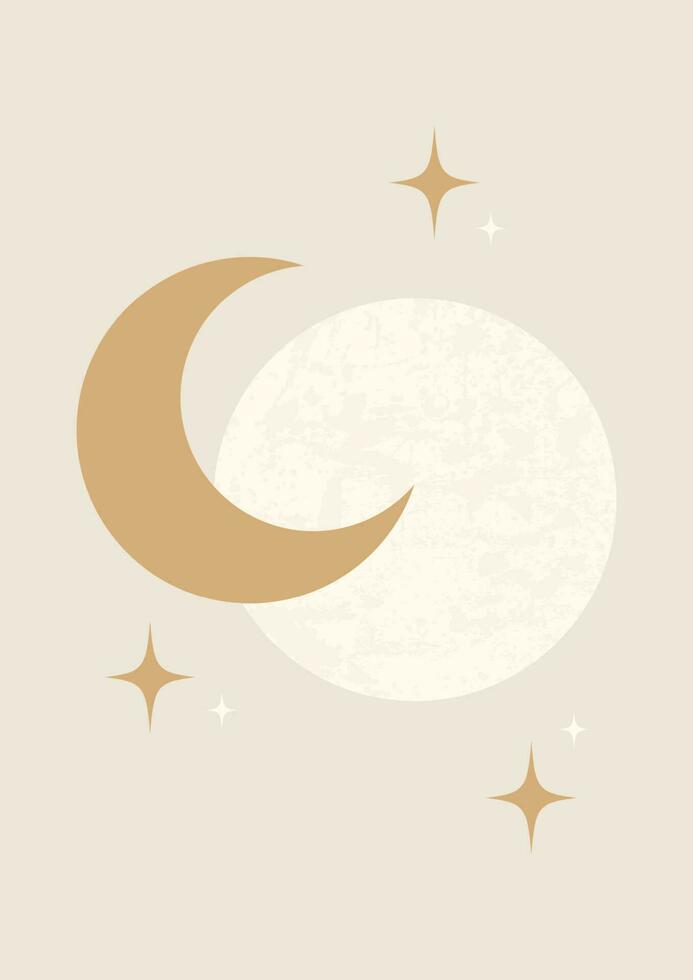 místico desenhando do lua e crescente lua poster. cheio lua boho minimalista imprimível parede arte. geométrico abstrato celestial cartão vetor
