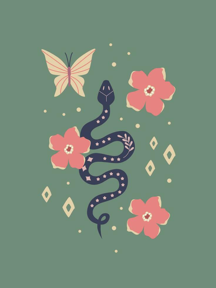 étnico misterioso serpente com flores e borboleta. boho Magia animais selvagens. vintage sagrado inseto. poster, folheto, cartão. vetor