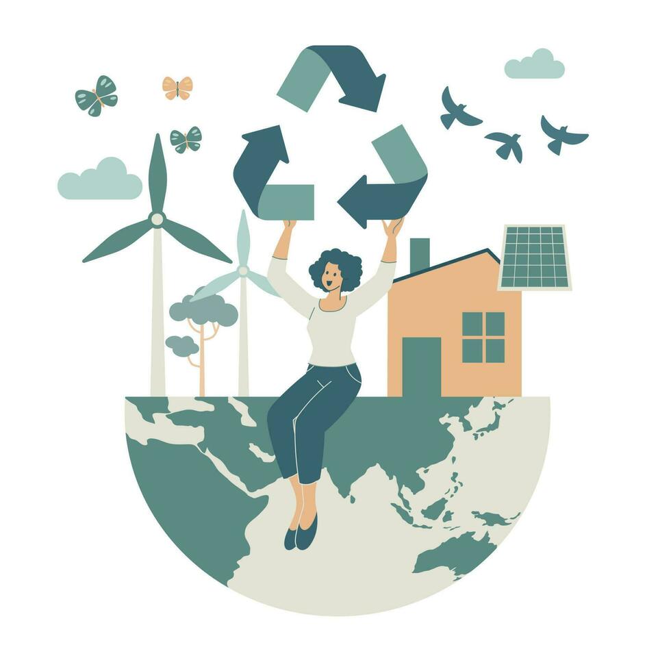 mulher segurando reciclar ícone em globo, natureza conservação conceito, de Meio Ambiente proteção. vetor Projeto ilustração.