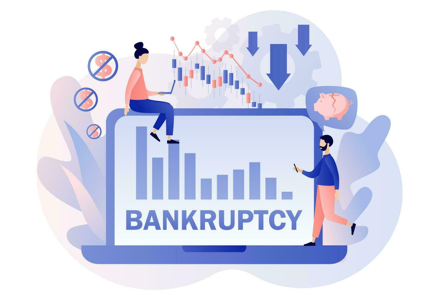 o negócio falência. minúsculo empresários com econômico empréstimo retorno problema, investimento fracasso e despesas colapso. financeiro crise. moderno plano desenho animado estilo. vetor ilustração em branco fundo