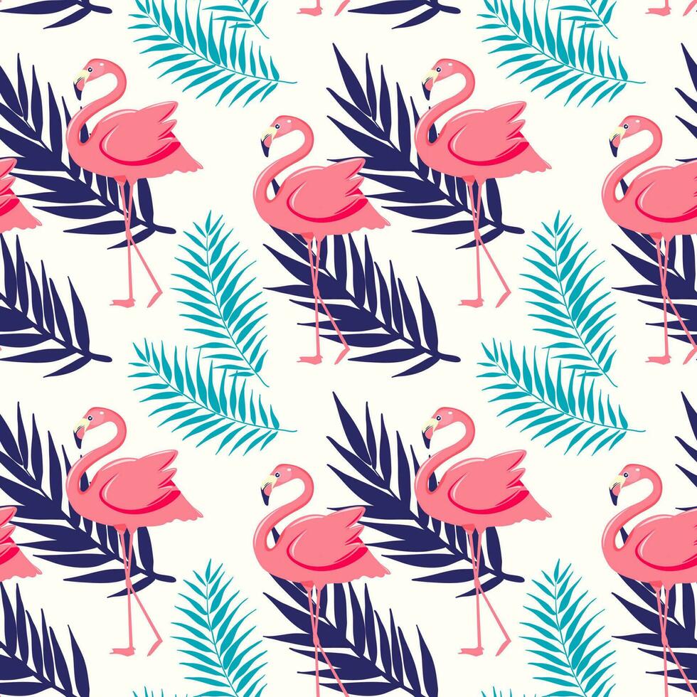 lindo desatado vetor floral verão padronizar fundo com tropical Palma folhas e Rosa flamingo.