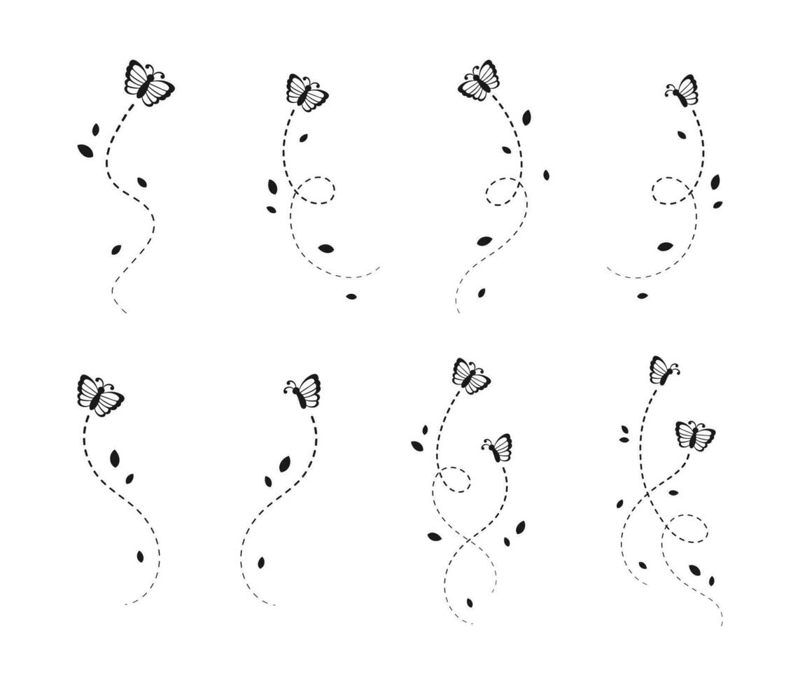 borboletas silhueta definir. vôo borboleta com pontilhado linha rota. lindo elegante insetos com aberto asas trilha. vetor Projeto elementos para Primavera e verão.