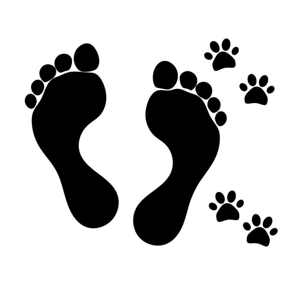 silhuetas de pegadas de humanos e gatos ou cachorros - ilustração sobre temas como medicina veterinária, cuidados com animais de estimação e amor à natureza. vetor