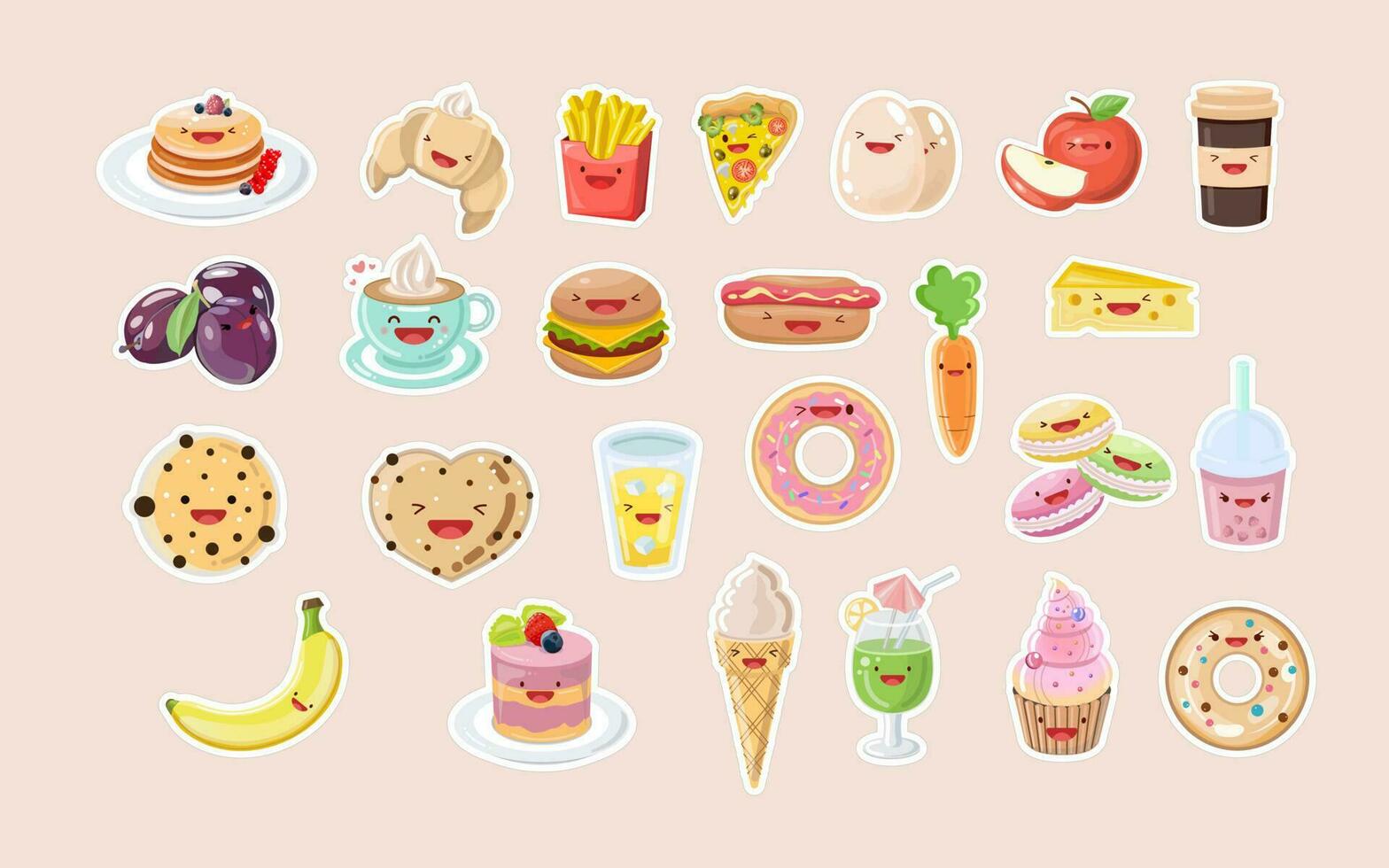 fofa Comida adesivo definir. Comida kawaii adesivo conjunto dentro desenho animado estilo. bebidas, velozes comida, fruta, vegetais, sobremesas. vetor