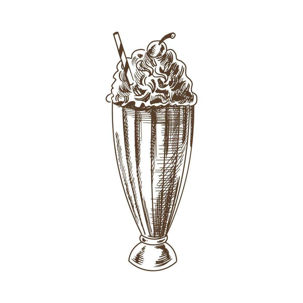 uma desenhado à mão esboço do vidro do chocolate milkshake. vintage, rabisco ilustração. elemento para a Projeto do rótulos, embalagem e cartões postais. vetor