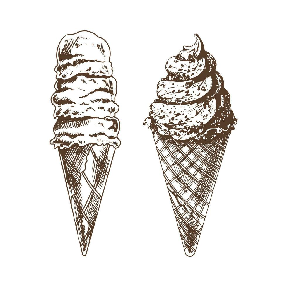 uma desenhado à mão esboço do uma waffle cones com congeladas iogurte ou suave gelo creme. vintage ilustração. elemento para a Projeto do rótulos, embalagem e cartões postais. vetor