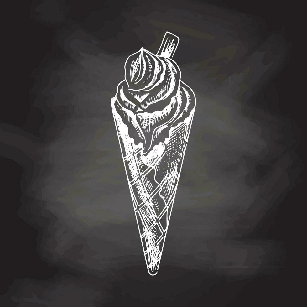 desenhado à mão esboço do uma waffle cone com congeladas iogurte ou suave gelo creme isolado em quadro-negro fundo, branco desenho. vetor vintage gravado ilustração