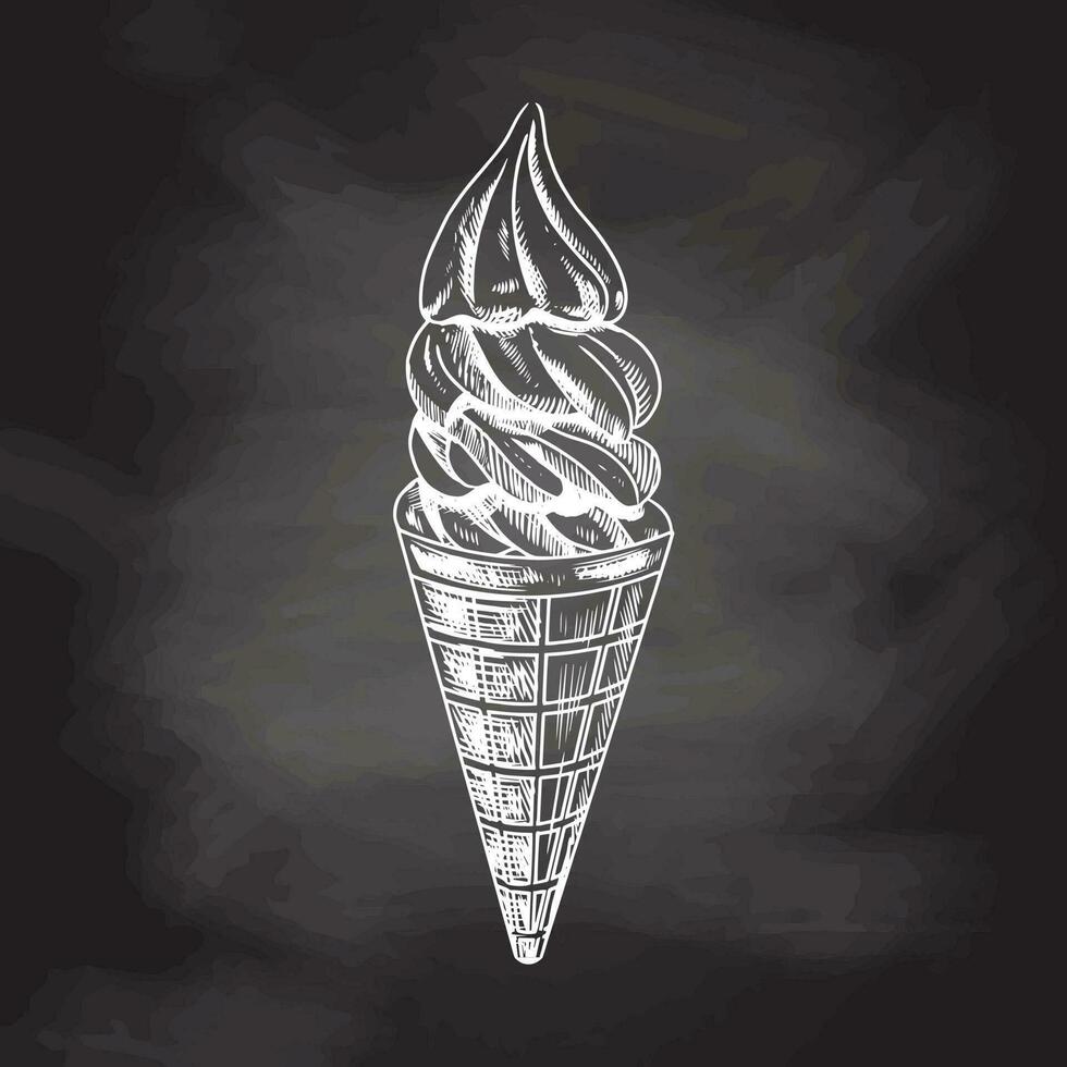 desenhado à mão esboço do uma waffle cone com congeladas iogurte ou suave gelo creme isolado em quadro-negro fundo, branco desenho. vetor vintage gravado ilustração