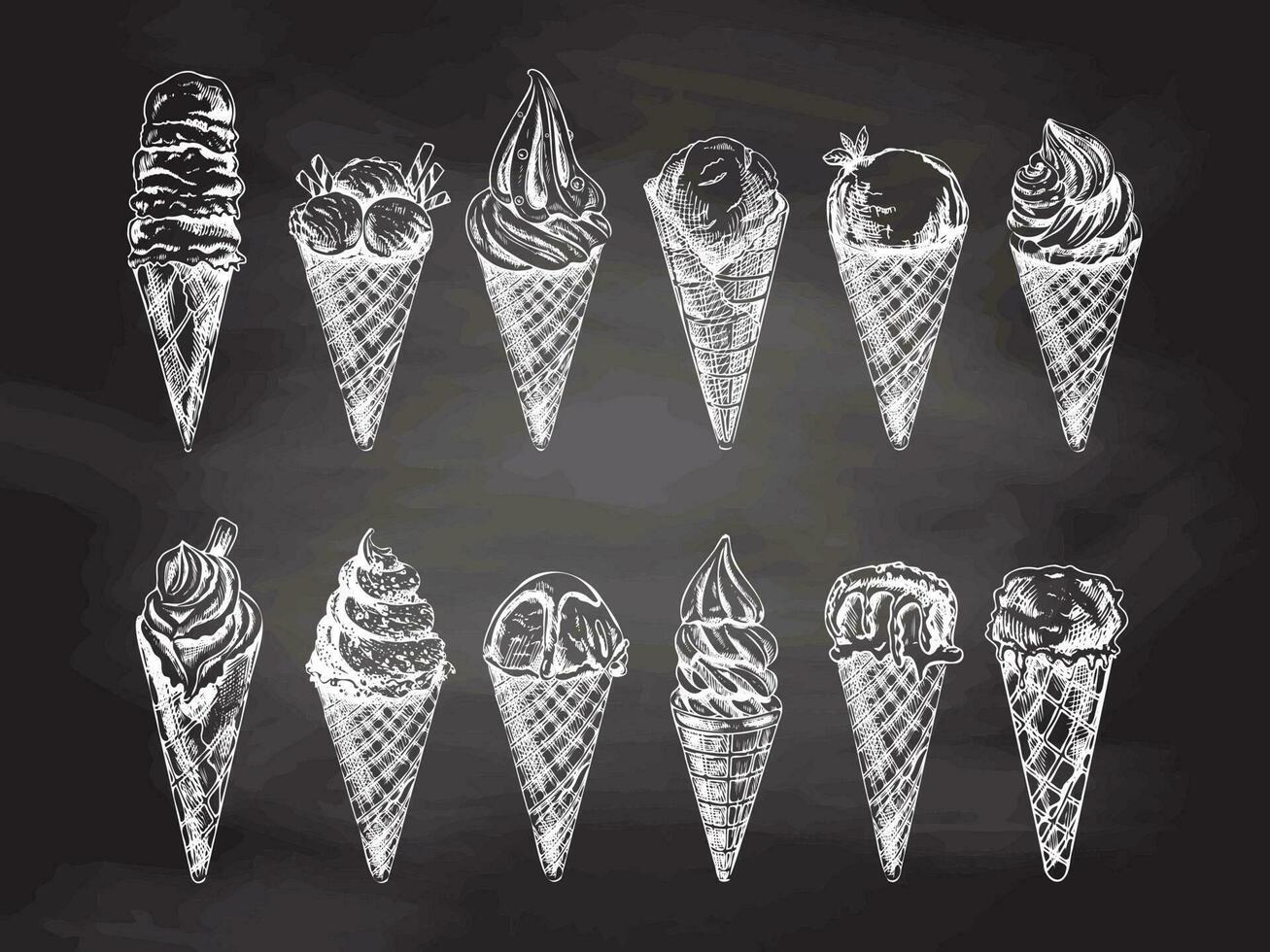 desenhado à mão esboço do waffle cones com gelo creme ou congeladas iogurte isolado em quadro-negro fundo, branco desenho. definir. vetor vintage gravado ilustração.