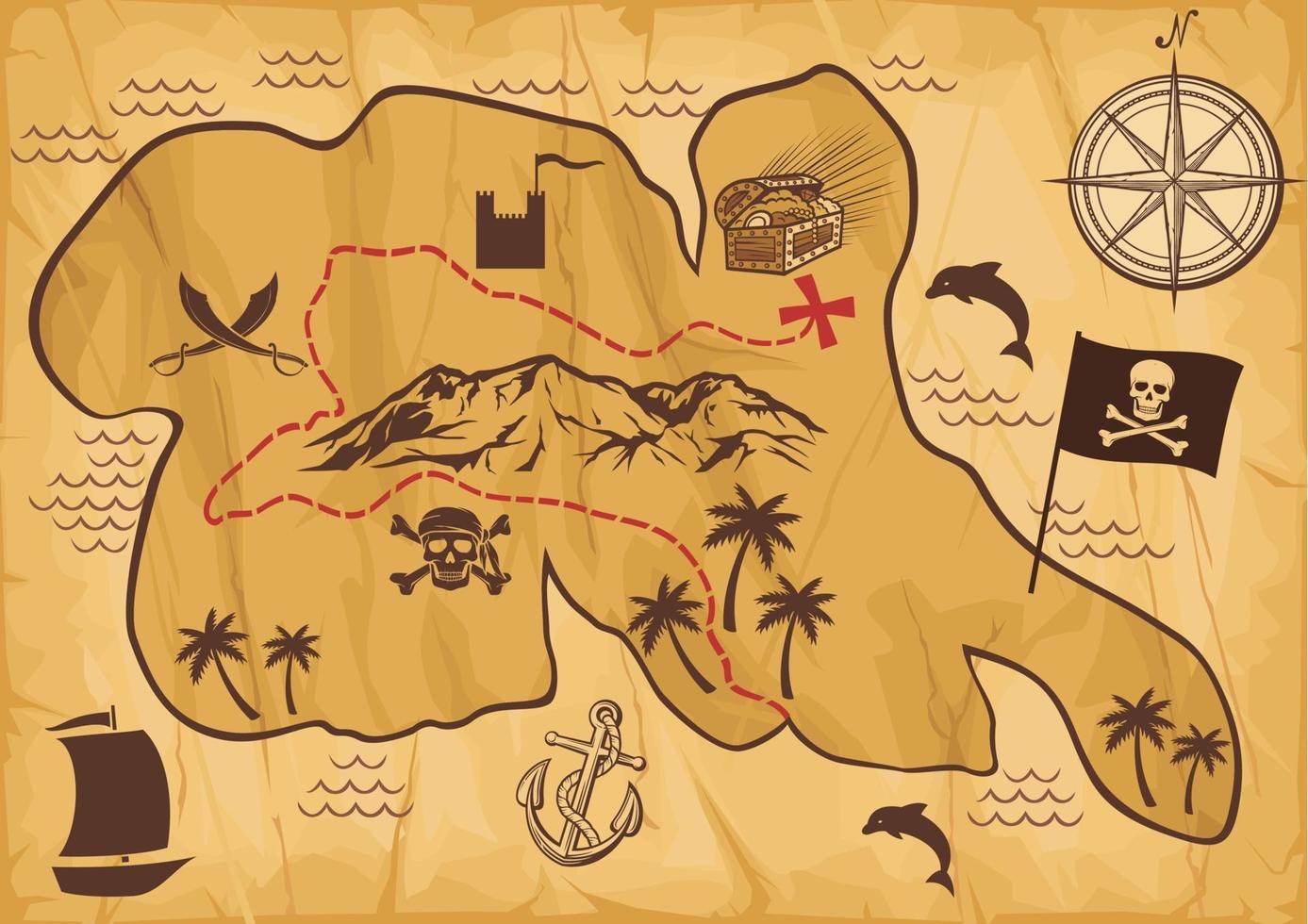 antigo mapa pirata da ilha do tesouro vetor