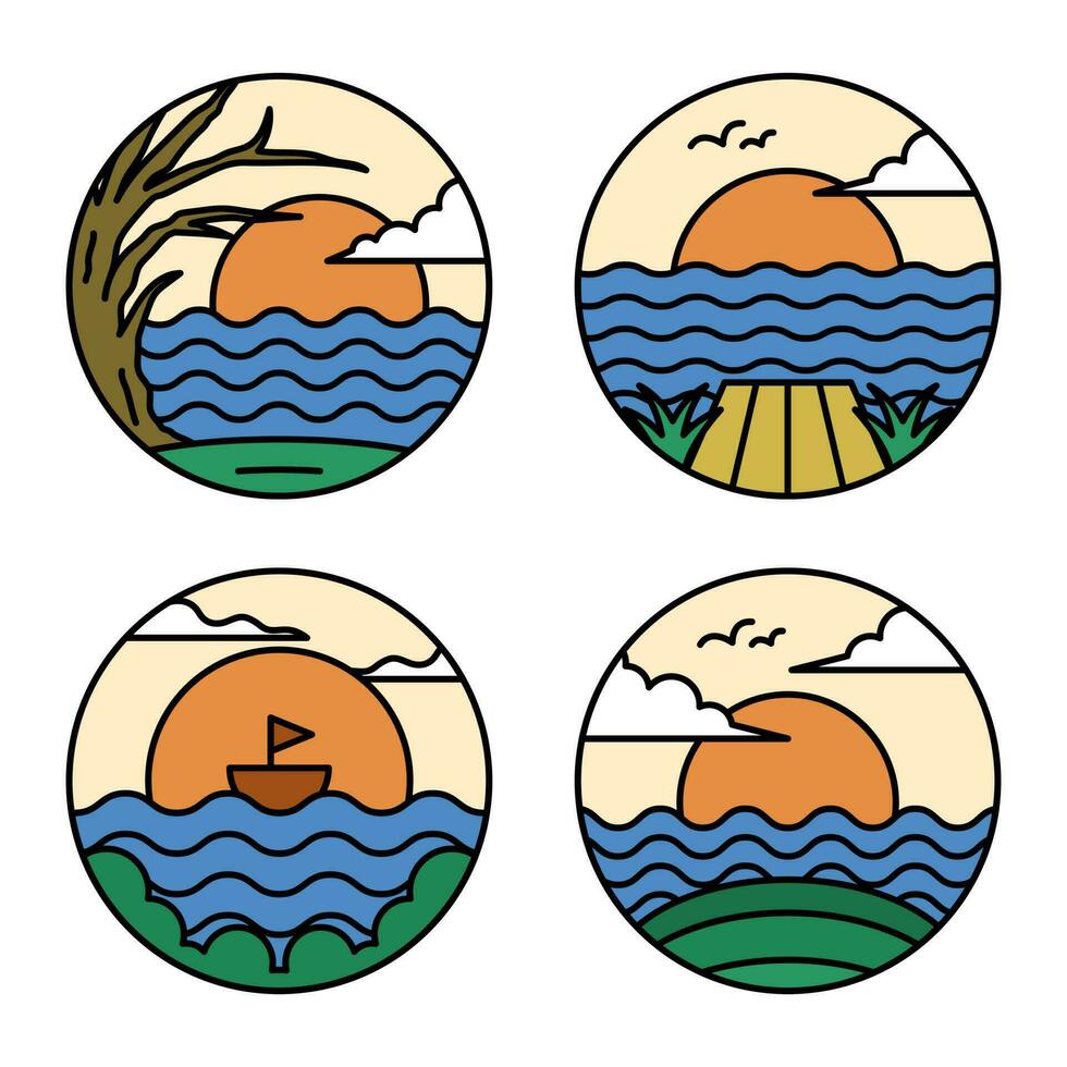 vetor logotipo ilustração simples fofa e moderno do natureza de praia e montanha dentro a forma do uma círculo