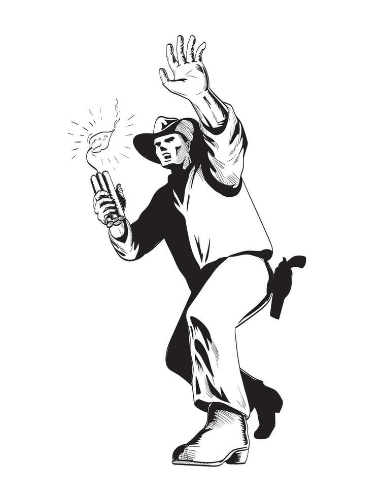 vaqueiro jogando dinamite bastão tnt baixo ângulo histórias em quadrinhos estilo desenhando vetor