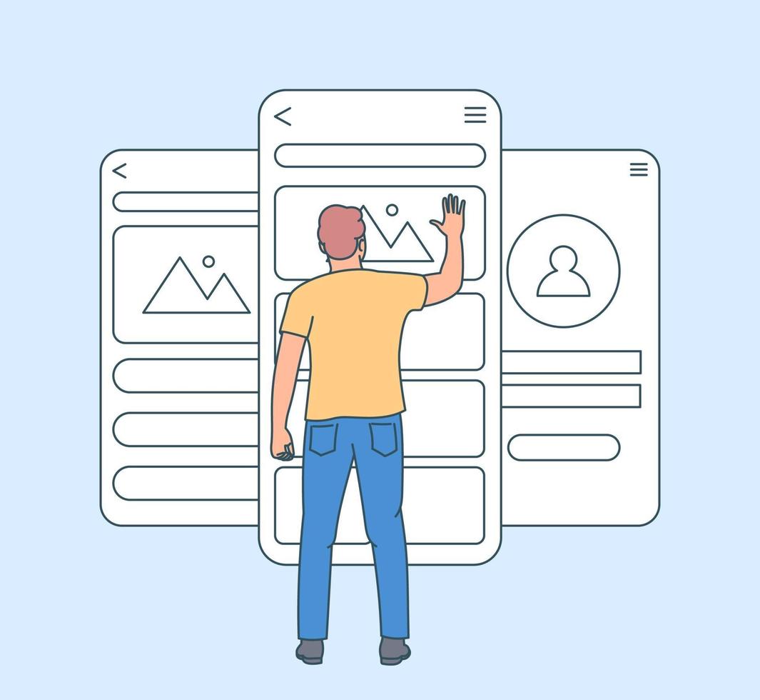 conceito de desenvolvimento de aplicativo móvel. teste de usabilidade da tela do celular com ilustração de desenho vetorial homem pessoas. página de interface ui e ux do aplicativo de software de desenvolvimento. ilustração vetorial plana vetor