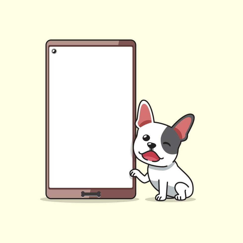 desenho animado personagem fofa francês buldogue e Smartphone vetor