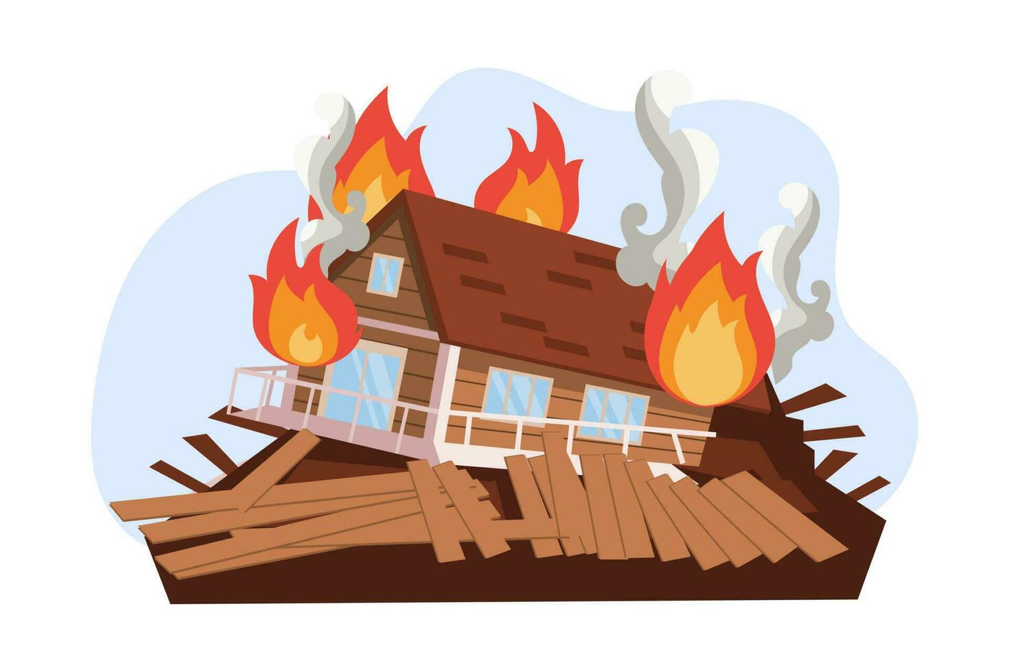 destruído casa em fogo, queimando casa em fogo e fumaça. furacão, tornado, terremoto. a conceito do natural desastres. ilustração, vetor