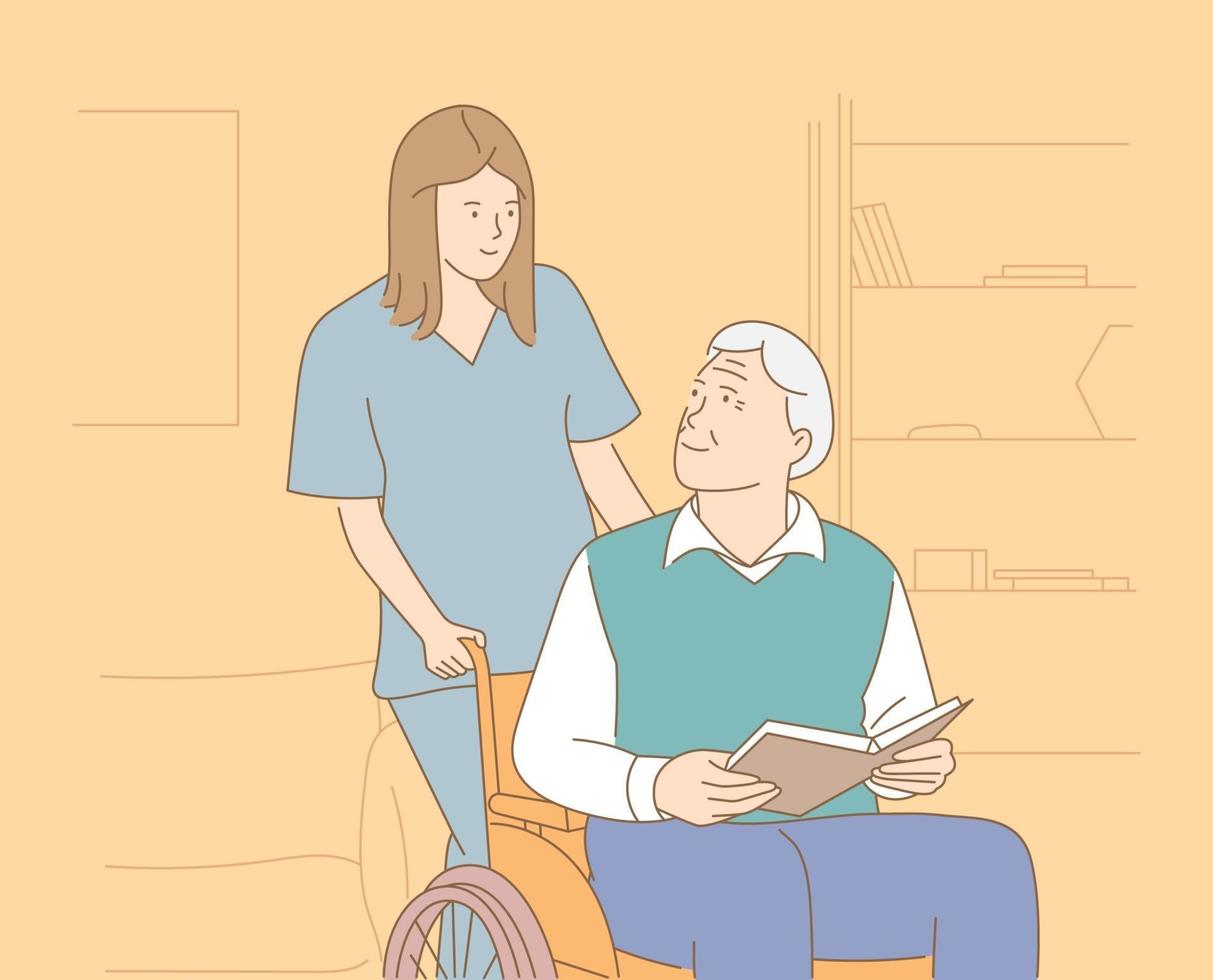casa de repouso, hospital, hospício, conceito de reabilitação. enfermeira sorridente empurrando cadeira de rodas com homem sênior sorridente vetor