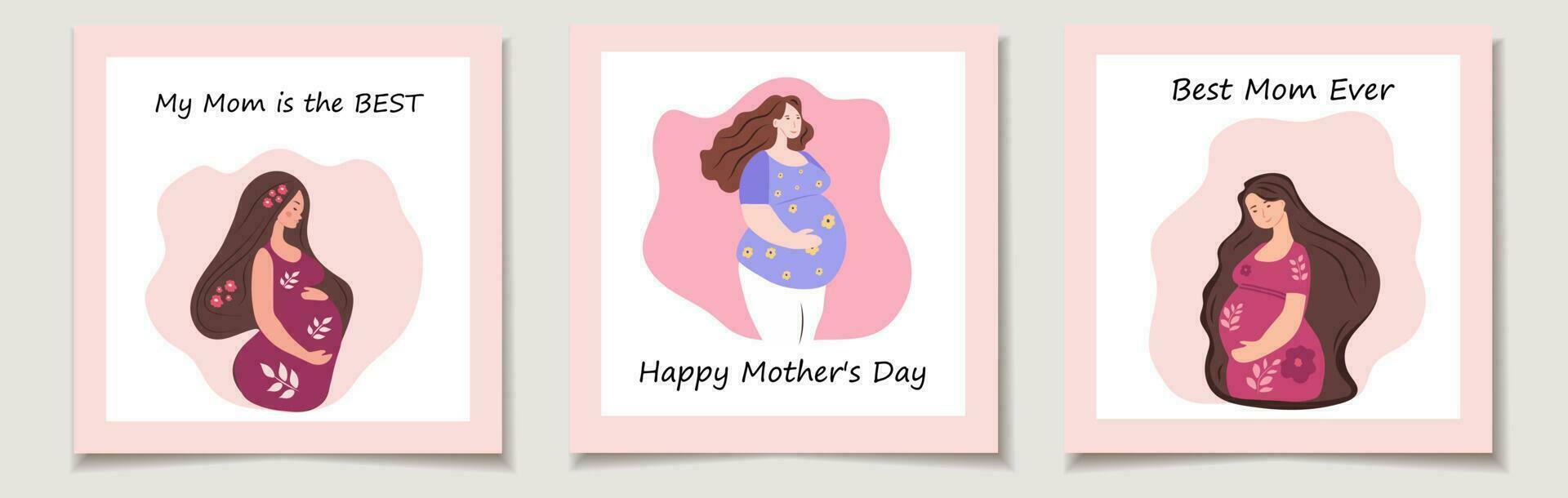 conjunto do três cartões com mãe dia. retrato do lindo jovem grávida mulheres. conceito do gravidez e maternidade. plano vetor ilustração.