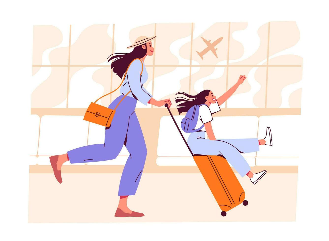 mãe passeios dela filha em mala de viagem às aeroporto vetor