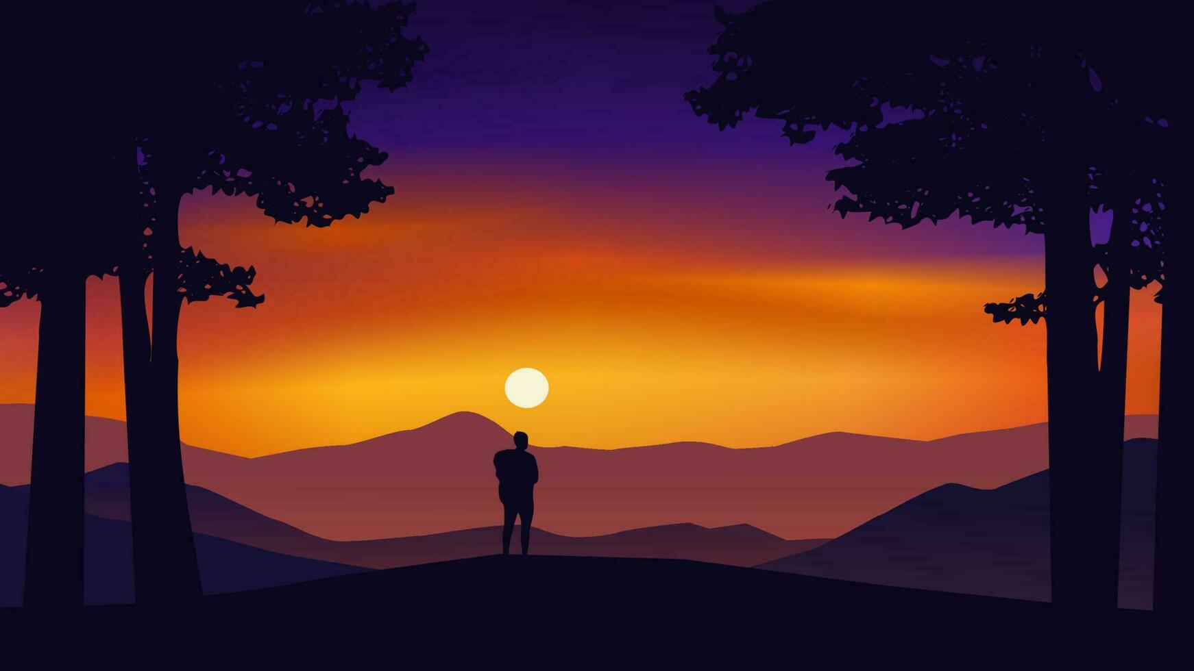 montanha pôr do sol panorama com silhueta do homem em topo do Colina vetor