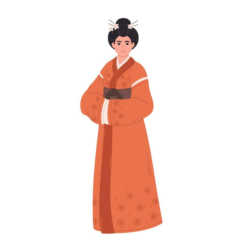 japonês mulher dentro tradicional roupas. ásia cultura, etnia. vetor
