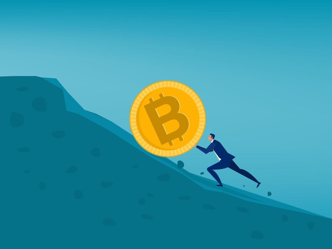empresário empurra bitcoin colina acima. aumento do preço do bitcoin. vetor de conceito de negócio