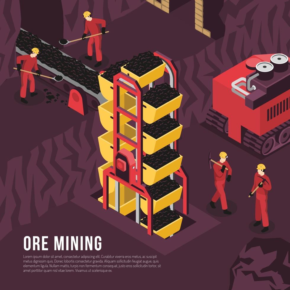 ilustração em vetor ilustração isométrica de processo de mineração de minério