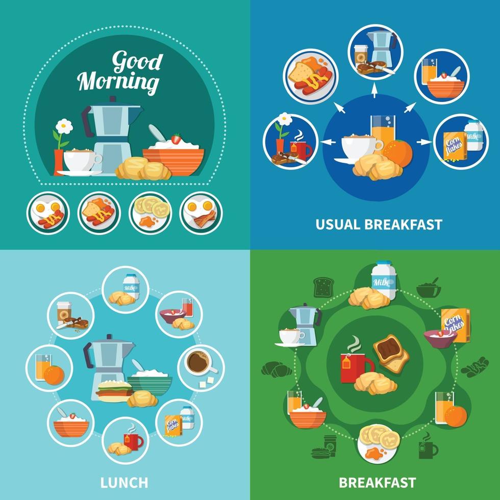 ilustração vetorial conjunto de ícones de café da manhã 2x2 vetor