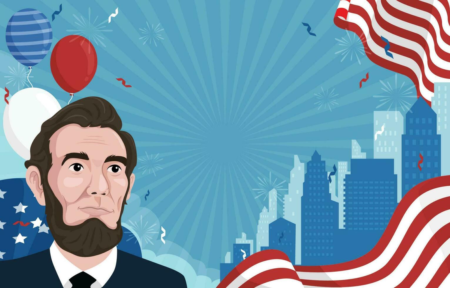 Lincoln aniversário com americano bandeira e cidade escapar fundo vetor