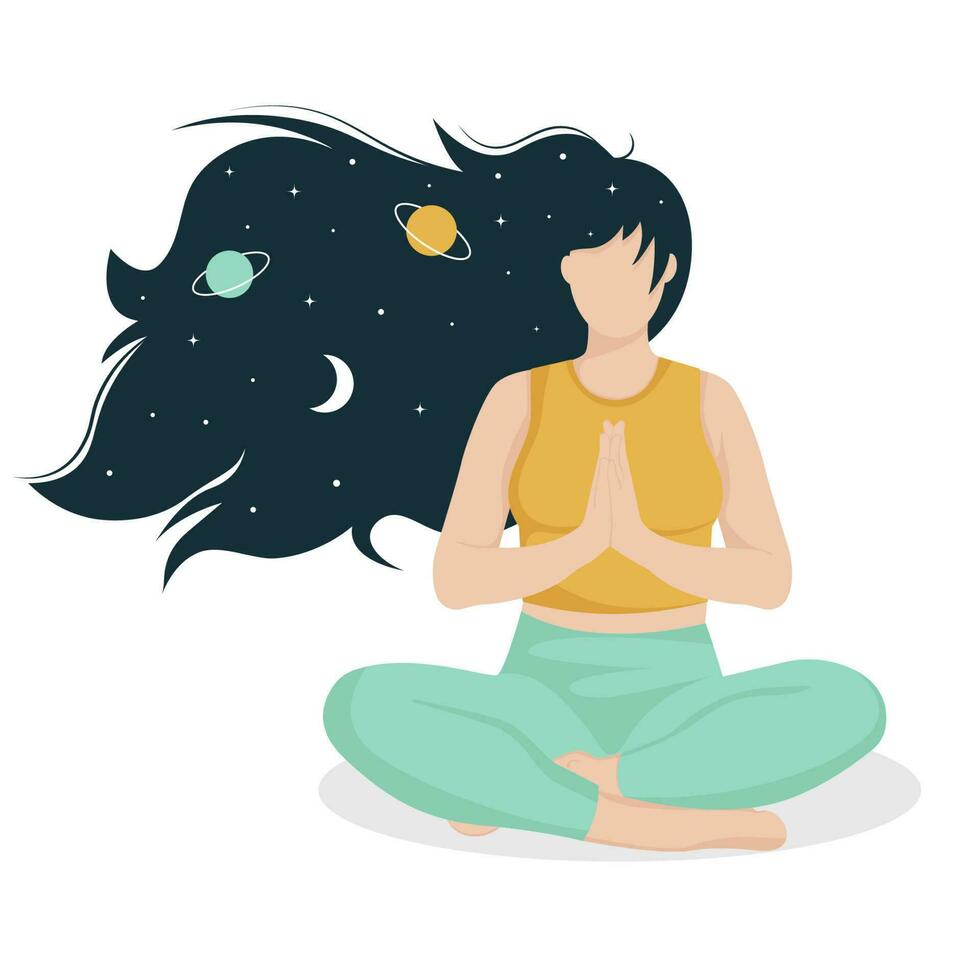 mulher dentro ioga pose com estrelas e planeta dentro dela cabelo. vetor